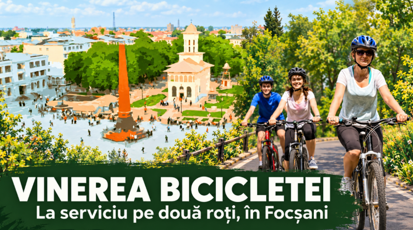 „Vinerea Bicicletei” la Focșani — colaj ilustrativ realizat pe baza afișului campaniei.