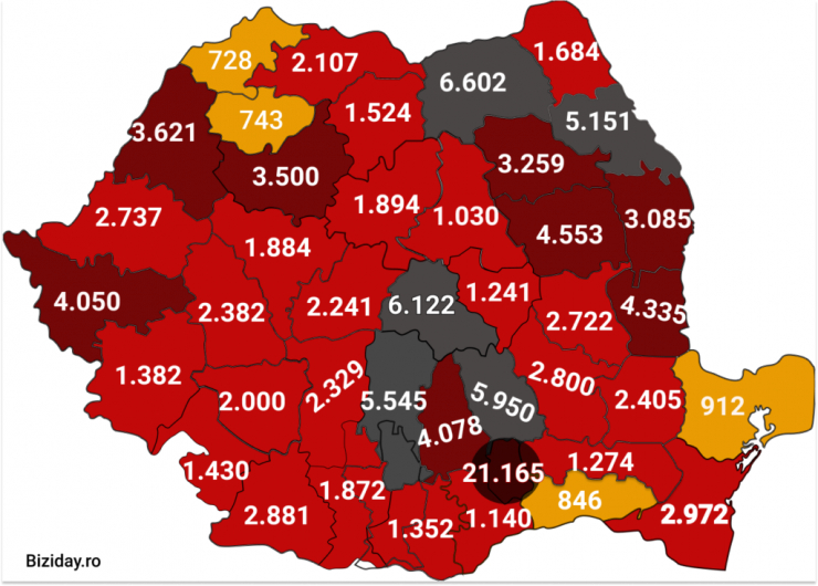 Distribuția cazurilor de coronavirus pe județe - 01 octombrie 2020. Sursă foto: biziday.ro