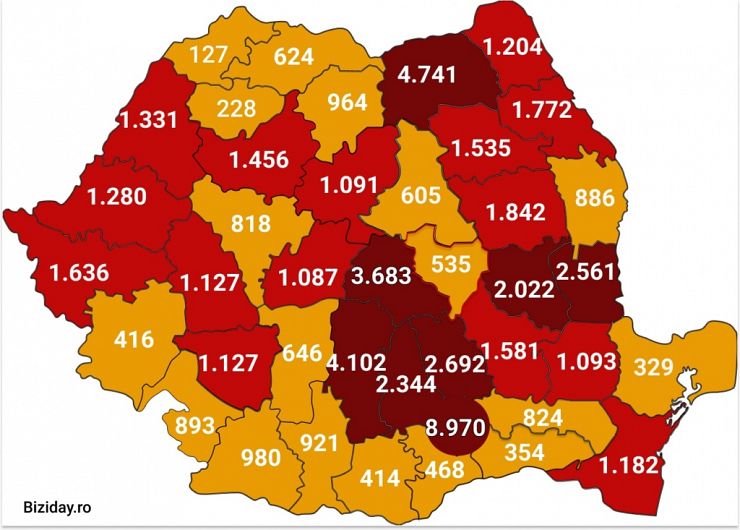 Distribuția cazurilor de coronavirus pe județe, la data de 10 august 2020. Sursă foto: Biziday.ro