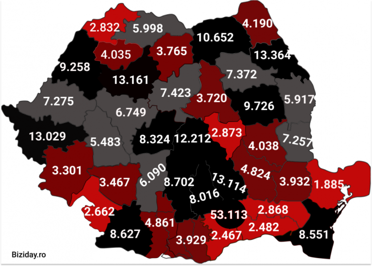 Distribuția cazurilor de coronavirus pe județe - 10 Noiembrie 2020. Sursă foto: biziday.ro