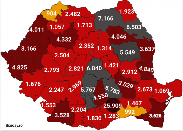 Distribuția cazurilor de coronavirus pe județe - 10 octombrie 2020. Sursă foto: biziday.ro