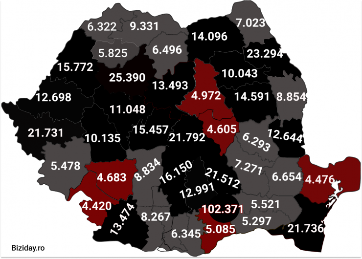 Distribuția cazurilor de coronavirus pe județe - 11 Decembrie 2020. Sursă foto: biziday.ro