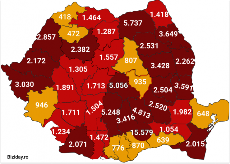Distribuția cazurilor de coronavirus pe județe, la data de 11 septembrie 2020. Sursă foto: Biziday.ro