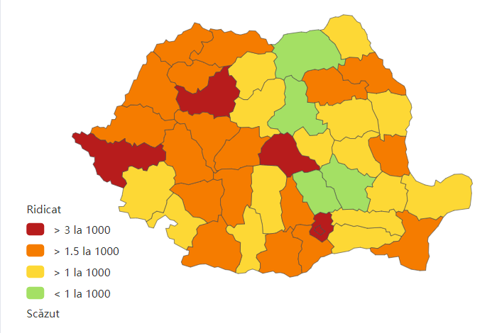Incidența cumulată a cazurilor de coronavirus, pe județe, în ultimele 14 zile la mia de locuitori. Sursa foto: Biziday.ro