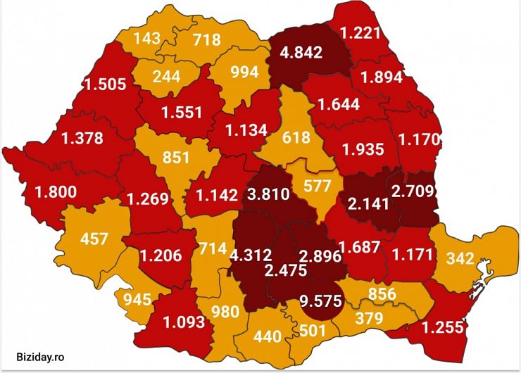 Distribuția cazurilor de coronavirus pe județe, la data de 13 august 2020. Sursă foto: Biziday.ro