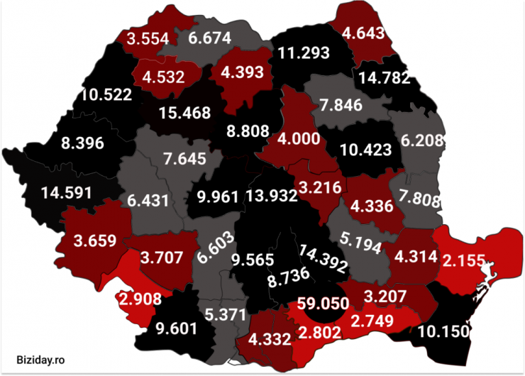 Distribuția cazurilor de coronavirus pe județe - 14 Noiembrie 2020. Sursă foto: biziday.ro