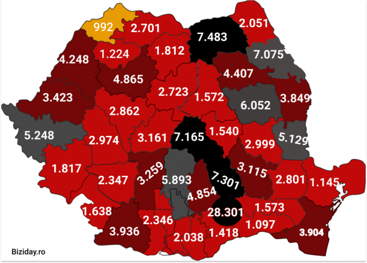 Distribuția cazurilor de coronavirus pe județe - 14 octombrie 2020. Sursă foto: biziday.ro
