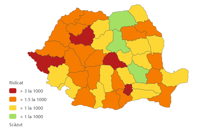 Incidența cumulată a cazurilor de coronavirus, pe județe, în ultimele 14 zile la mia de locuitori. Sursa foto: Biziday.ro