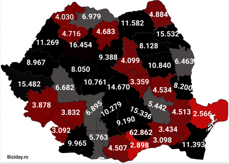 Distribuția cazurilor de coronavirus pe județe - 17 Noiembrie 2020. Sursă foto: biziday.ro