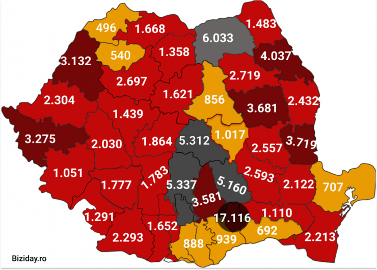 Distribuția cazurilor de coronavirus pe județe, la data de 17 septembrie 2020. Sursă foto: Biziday.ro