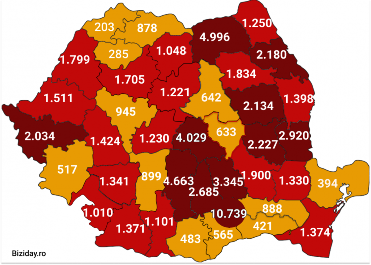 Distribuția cazurilor de coronavirus pe județe, la data de 19 august 2020. Sursă foto: Biziday.ro