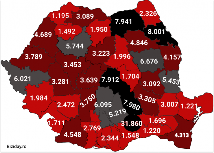 Distribuția cazurilor de coronavirus pe județe - 19 octombrie 2020. Sursă foto: biziday.ro