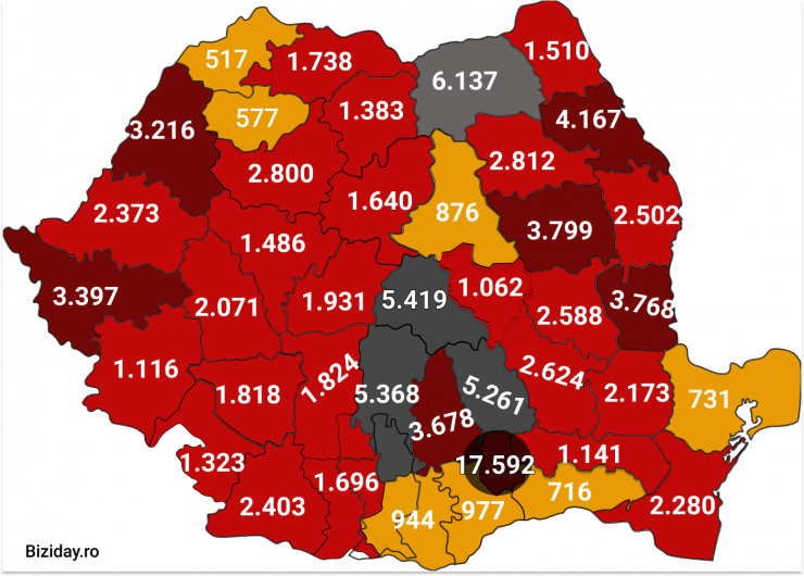 Distribuția cazurilor de coronavirus pe județe - 19 septembrie 2020. Sursă foto: biziday.ro