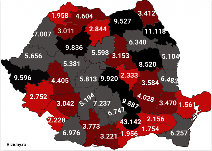 Distribuția cazurilor de coronavirus pe județe - 02 Noiembrie 2020. Sursă foto: biziday.ro