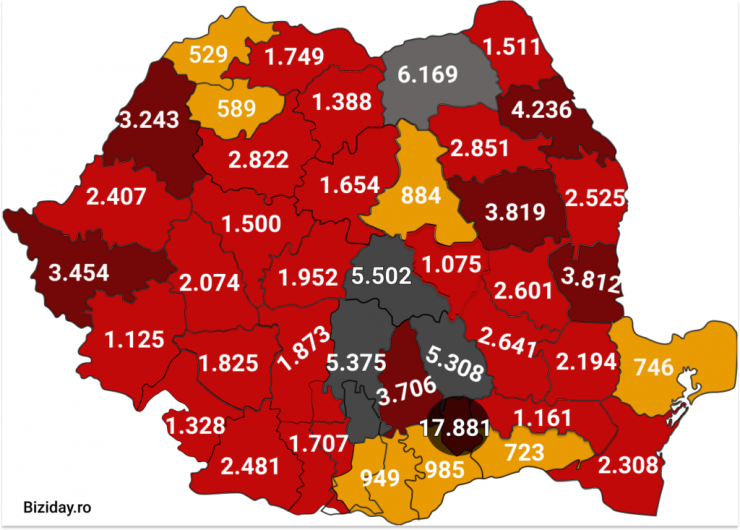 Distribuția cazurilor de coronavirus pe județe - 20 septembrie 2020. Sursă foto: biziday.ro