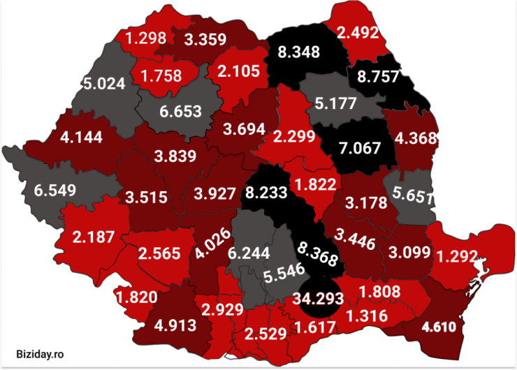 Distribuția cazurilor de coronavirus pe județe - 22 octombrie 2020. Sursă foto: biziday.ro