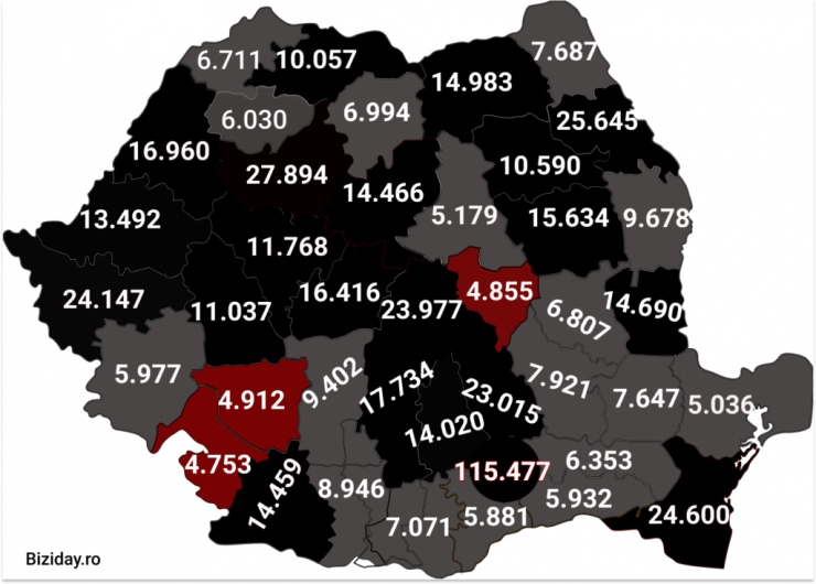 Distribuția cazurilor de coronavirus la nivel național, pe județe. Sursă foto: Biziday.ro