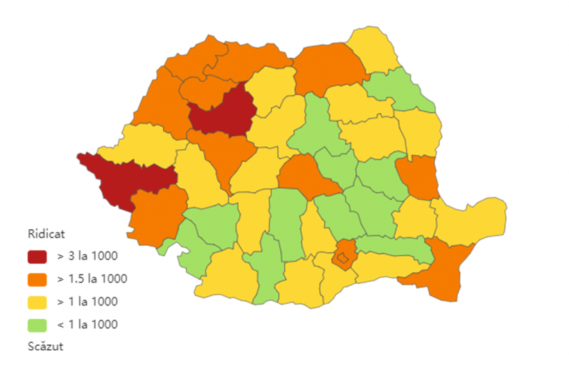 Incidența cazurilor de coronavirus la nivel național, pe județe, la data de 23 ianuarie 2021. Sursă foto: Biziday.ro