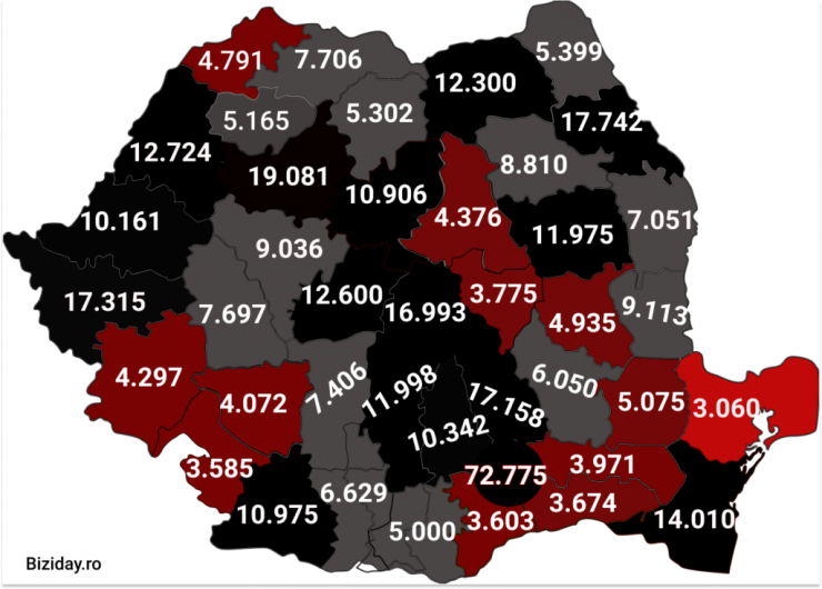 Distribuția cazurilor de coronavirus pe județe - 23 Noiembrie 2020. Sursă foto: biziday.ro