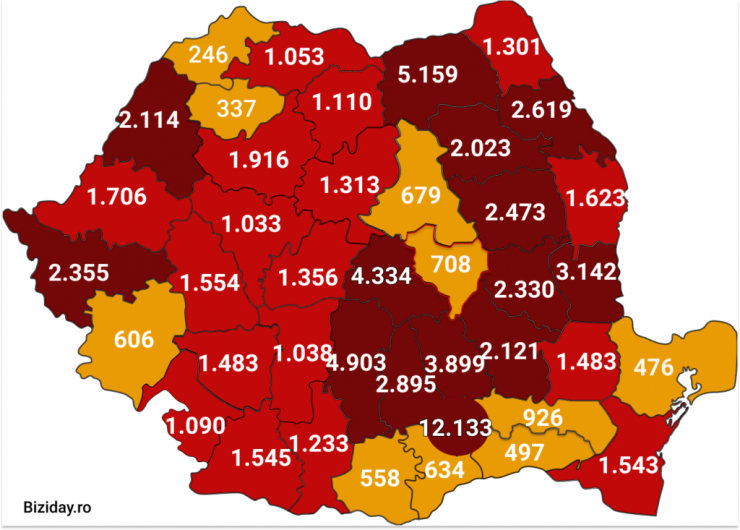 Distribuția cazurilor de coronavirus pe județe, la data de 26 august 2020. Sursă foto: Biziday.ro