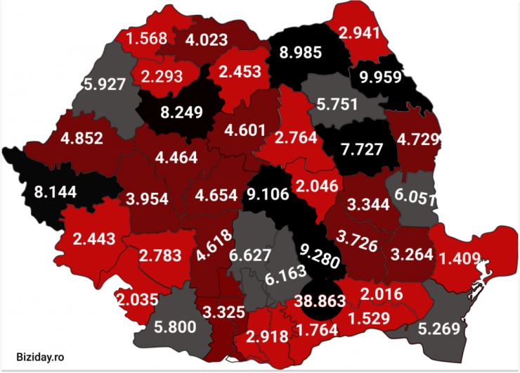 Distribuția cazurilor de coronavirus pe județe - 28 octombrie 2020. Sursă foto: biziday.ro