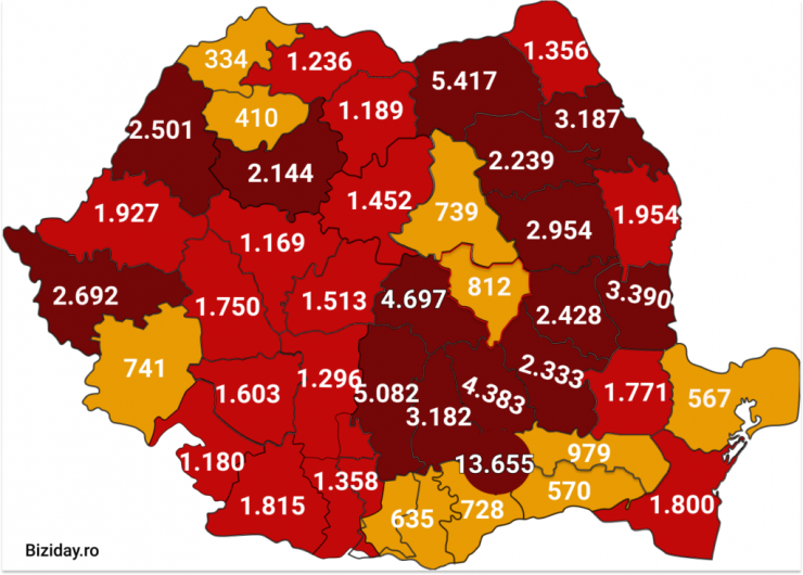 Distribuția cazurilor de coronavirus pe județe, la data de 3 septembrie 2020. Sursă foto: Biziday.ro