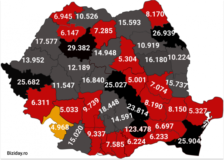 Distribuția cazurilor de coronavirus la nivel național, pe județe, la data de 30 decembrie 2020. Sursă foto: Biziday.ro