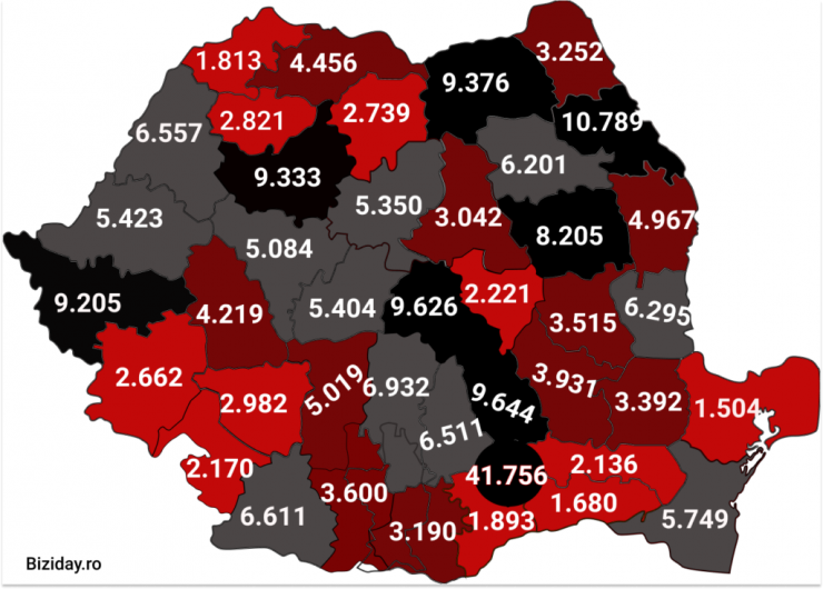 Distribuția cazurilor de coronavirus pe județe - 31 octombrie 2020. Sursă foto: biziday.ro
