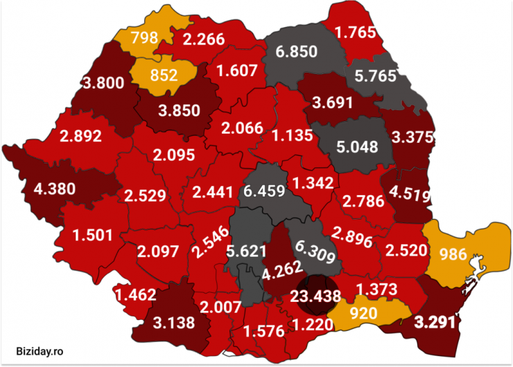 Distribuția cazurilor de coronavirus pe județe - 06 octombrie 2020. Sursă foto: biziday.ro