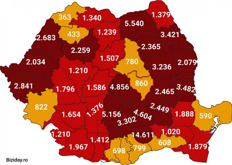 Distribuția cazurilor de coronavirus pe județe - 7 septembrie 2020. Sursă foto: biziday.ro
