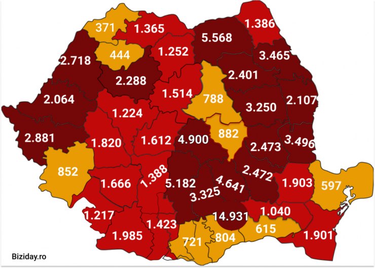 Distribuția cazurilor de coronavirus pe județe, la data de 8 septembrie 2020. Sursă foto: Biziday.ro