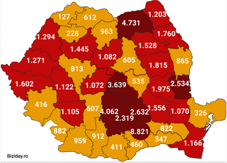 Distribuția cazurilor de coronavirus pe județe, la data de 9 august 2020. Sursă foto: Biziday.ro