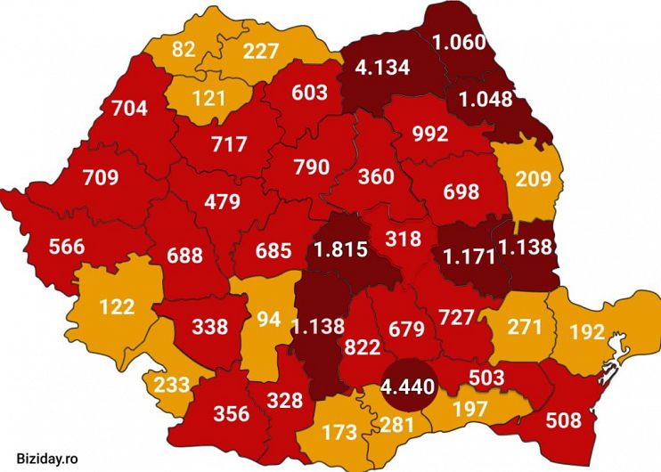 Situaţia infecțiilor cu noul coronavirus (COVID-19) în judeţele din România la data de 9 iulie 2020. Sursa foto: biziday.ro