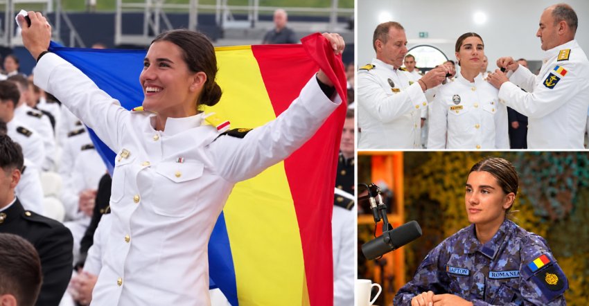 Colaj foto cu Ana Maria Gafton din Adjud, ofițer în Forțele Navale Române după patru ani de studii la Annapolis, realizat cu fotografii preluate de pe site-ul presamil.ro