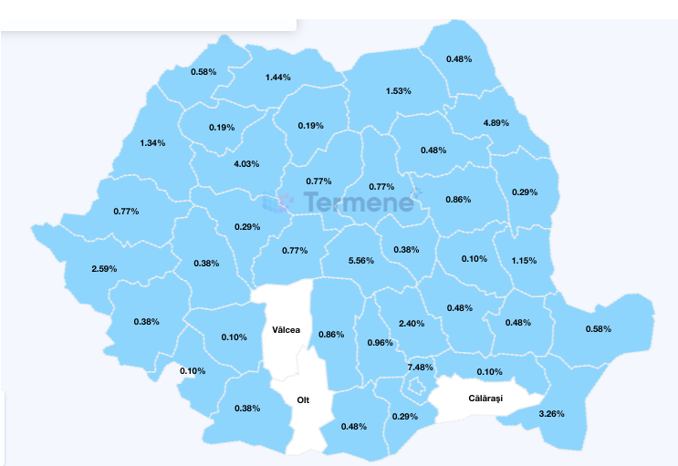 Harta publicată de platforma termene.ro cu ponderea în județe a firmelor rusești care activează în România