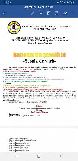 Permanent wear Systematically BOBOCEL DE ȘCOALĂ 9!”- Program educațional tip Școală de vară la Școala  Gimnazială ”Ștefan cel Mare” Focșani