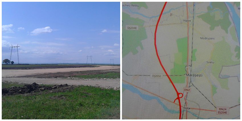 Autostrada Moldovei-A7- în zona Tișița spre Panciu în realitate pe 21 05 2023 ( foto stânga) și în desenul din plan ( foto dreapta)