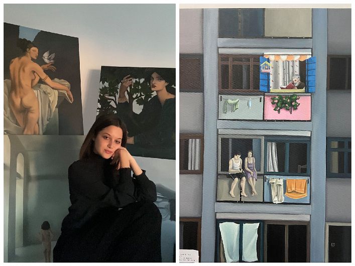 Elisa Ștefan, elevă în clasa XI-a a Colegiului Național Pedagogic “Spiru Haret” Focșani( foto stânga) și lucraraea sa “Speranța”( foto dreapta) expusă la Safari Art 2021 la București