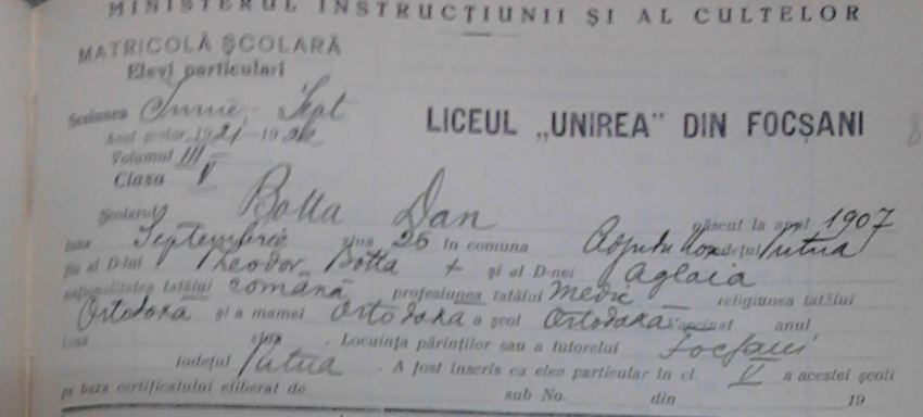 Foie matricolă la Liceul Unirea Focșani a fratelui lui Emil Botta, Dan Botta
