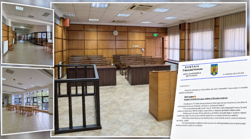 Circa 400 de cetățeni au trecut pe 14 septembrie 2026 prin Tribunalul Vrancea. Fotografii realizate înaintea curățeniei arată holul și sala de judecată fără deșeuri.