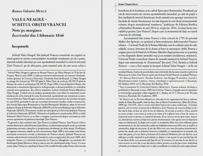 Înscrisul Obștii Vrancei din 1846 despre Schitul Valea Neagră. Note pe marginea acestui document, de Romeo-Valentin Muscă-Foto:Casa de Cultură Odobești