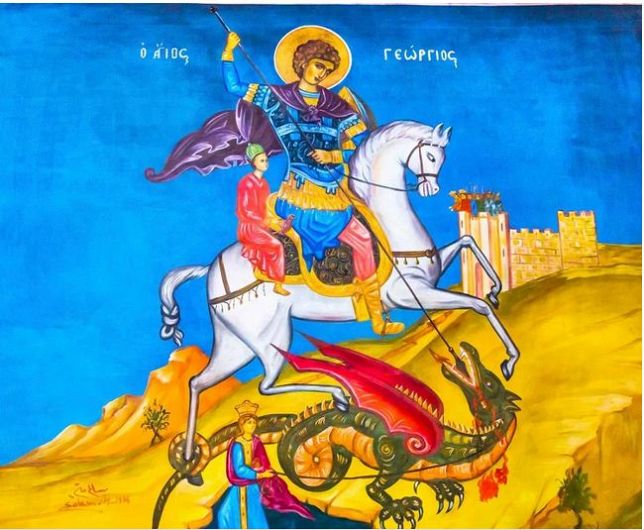 Madaba, Iordania - 25 noiembrie 2016. Ilustrație a legendei bătăliei Sfântului Gheorghe cu dragonul, pictată în Biserica Ortodoxă din Madaba, Iordania - care a fost construită la sfârșitul anilor 1800 și care adăpostește multe mozaicuri celebre