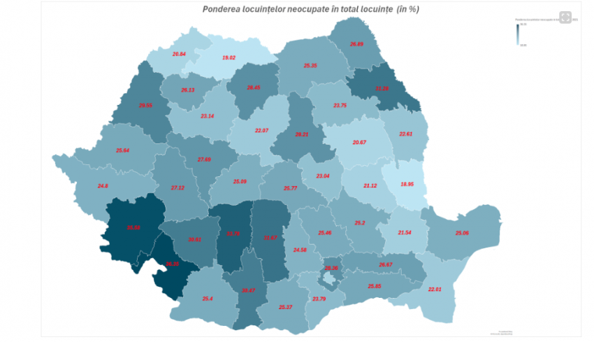 Harta națională referitoare la ponderea locuințelor neocupate în total locuințe( în %) pentru fiecare județ din România.Foto:hotnews.ro