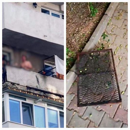 Grătarul a căzut de la etajul opt al blocului de pe B-dul Unirii din Focșani și deși putea să producă o tragedie a făcut praf doar o lunetă a unei mașini parcate în apropiere de scară. Foto: spynews.ro