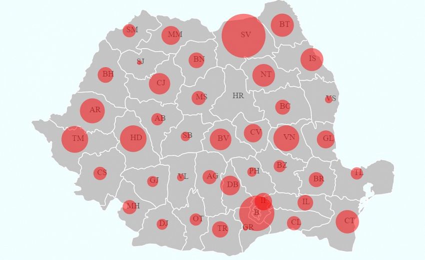 Situaţia infecțiilor cu noul coronavirus (COVID-19) în judeţele din România pe 1.04.2020. Sursa foto: covid19ro.org/