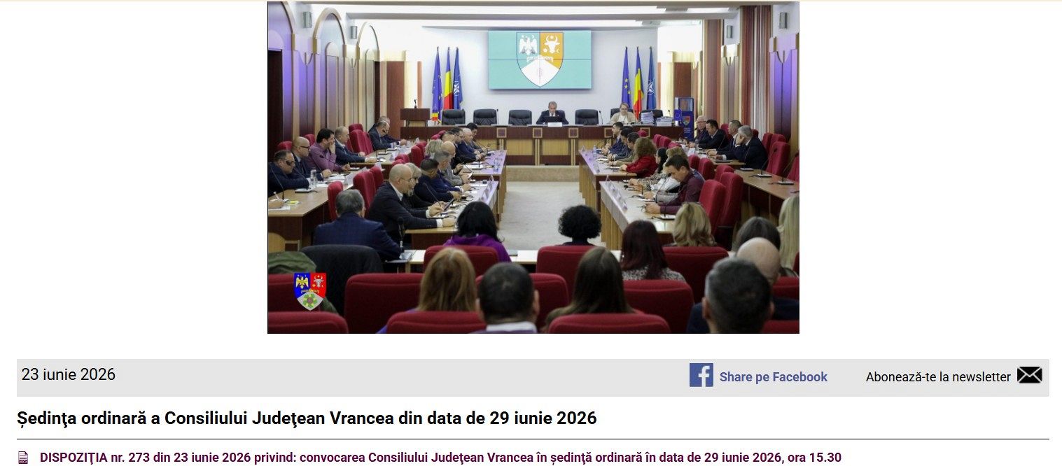 CJ Vrancea se reunește pe 29 iunie. Bugete, Parcul Industrial, DGASPC și patrimoniul județului, pe ordinea de zi